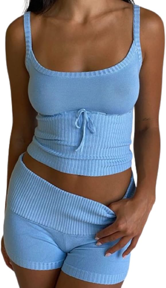 Women Summer Rib Knit Tank Tops Tracksuit Sleeveless Crop Tops with High Waist Shorts 2Pcs Clothes Set 90s Streetwear (Blue, S)