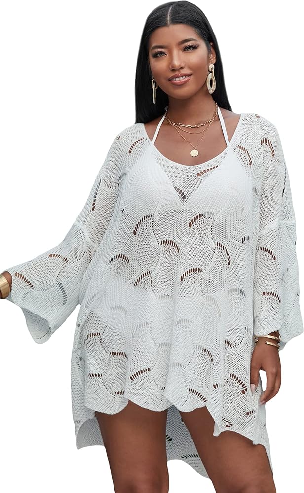 OYOANGLE Women's Plus Size Hollow Out Scoop Neck 3/4 Sleeve Knitted Cover Up Swimsuit Beach Dress