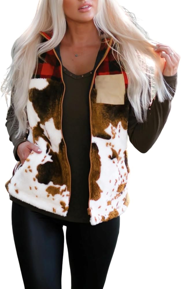 Lightweight Jackets for Women Casual Brown Cow Print Buffalo Plaid Pocket Vest Coat