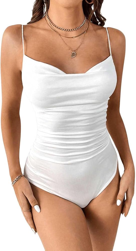 Milumia Women's Cowl Neck Ruched Spaghetti Strap Cami Bodysuit Sexy Draped Camisole Tops