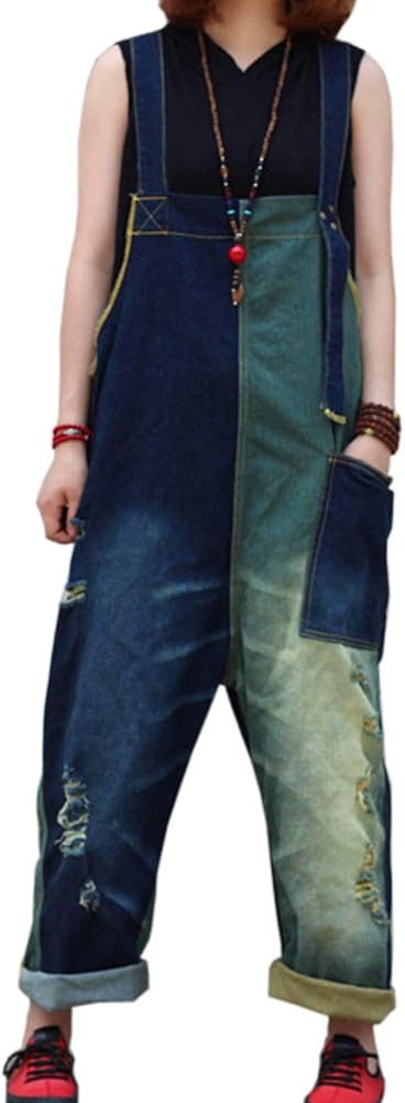 Flygo Women's Loose Baggy Denim Ripped Wide Leg Jumpsuit Rompers Overalls Harem Pants (One Size, Blue)