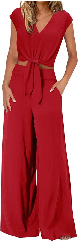 Linen Set for Women Drawstring Front Crop Top Sleeveless V Neck Tank Wide Leg Pant 2 Piece Set Outfit with Pocket