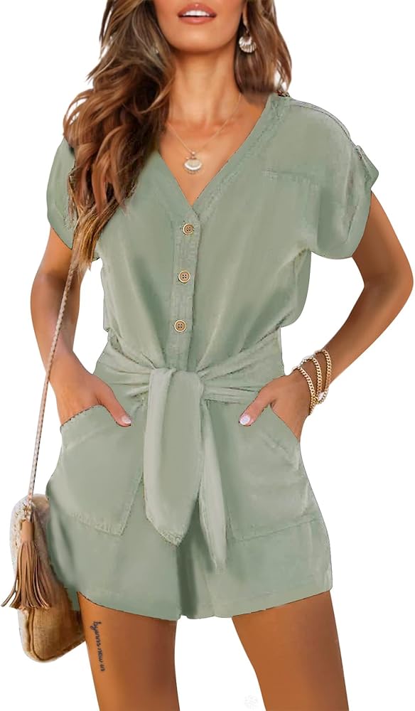 Byinns Women's Summer V Neck Casual Button Belted Rompers Short Sleeve Wrap Beach Short Jumpsuits with Pockets