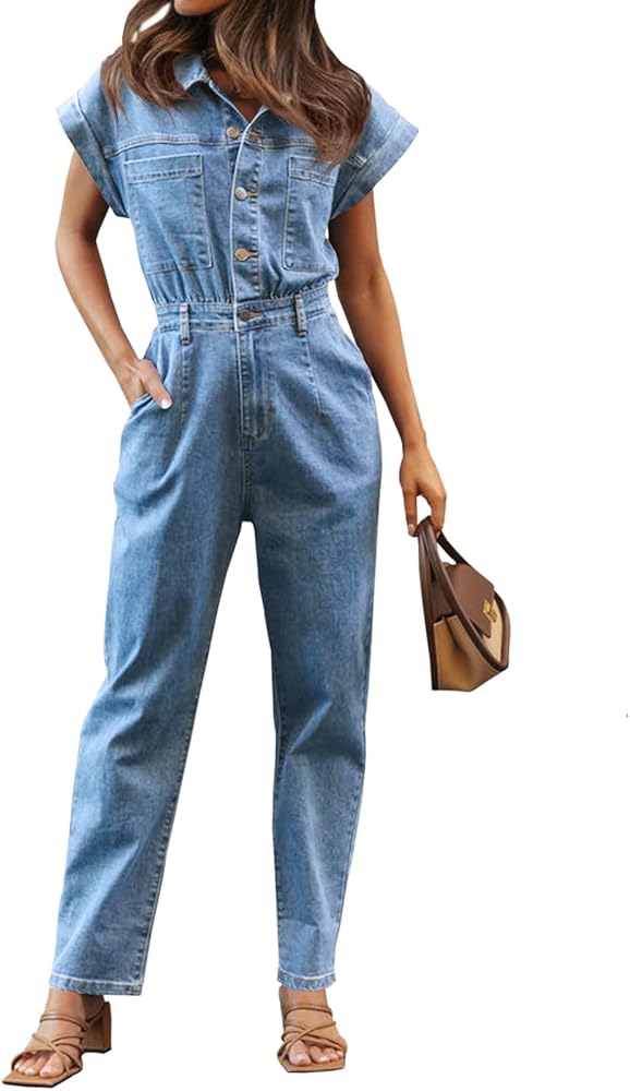 Tongmingyun Women's Cap Sleeve Denim Jumpsuit Button Down Straight Leg Jeans Long Pants Rompers with Pockets