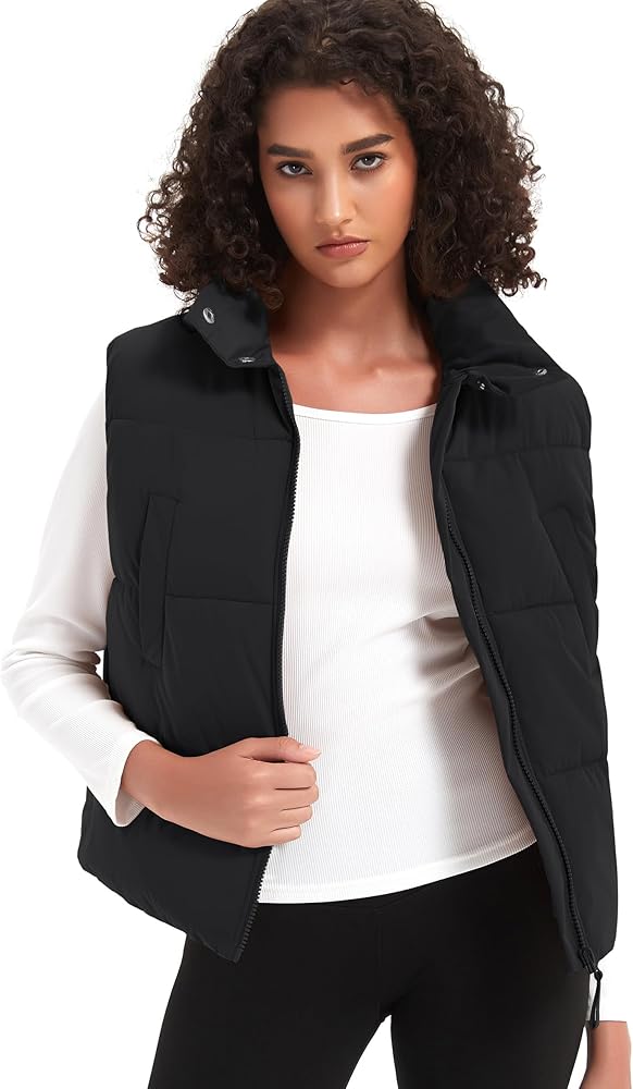 Womens Puffer Vest Crop Sleeveless Jacket Zipper Up High Collar Winter Quilted Padded Gilet With Pockets