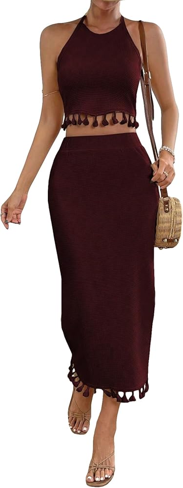 SHENHE Women's 2 Piece Tassel Trim Backless Halter Crop Top and Slit Midi Skirt Boho Set Burgundy Large