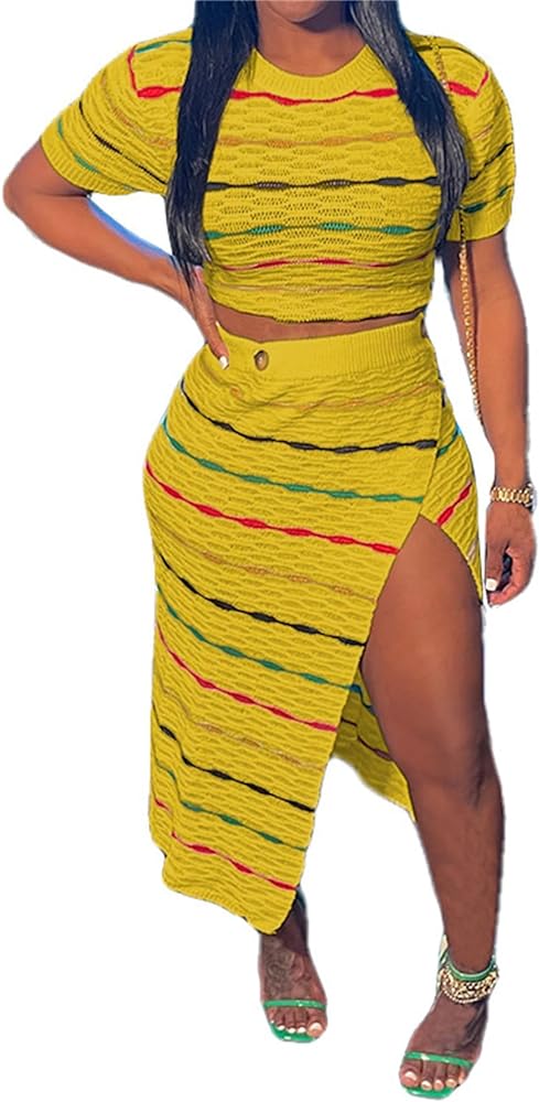 Womens Knit Crochet Two Piece Skirt Set Rainbow Crew Neck Crop Top Split Midi Skirt Matching Set Dress