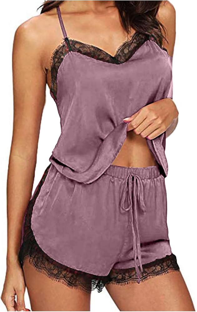 Women's Silk Satin Lingerie Sleepwear Lace Trim Cami Tops and Shorts Lightweight Comfy Soft 2 Piece Pajama Sets