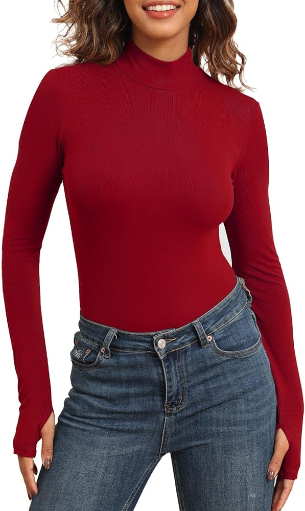 Womens Comfy Bodysuit Tops Mock Neck Stretch Long Sleeve Basic Bodysuits Shirts Casual Leotard