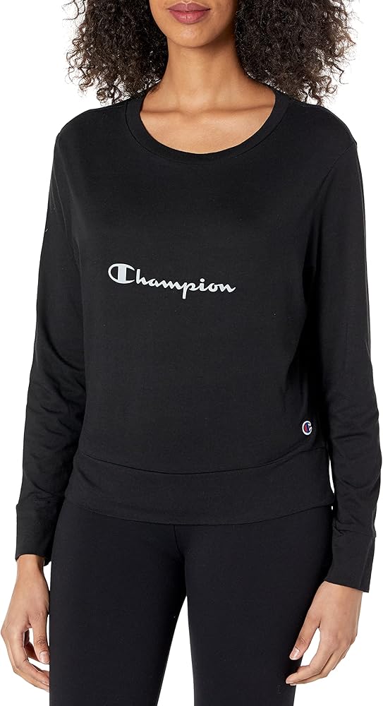 Champion womens Champion Women's Sleep Pj Long Sleeve Tee Pajama Top, Black/Silverstone, X-Large US