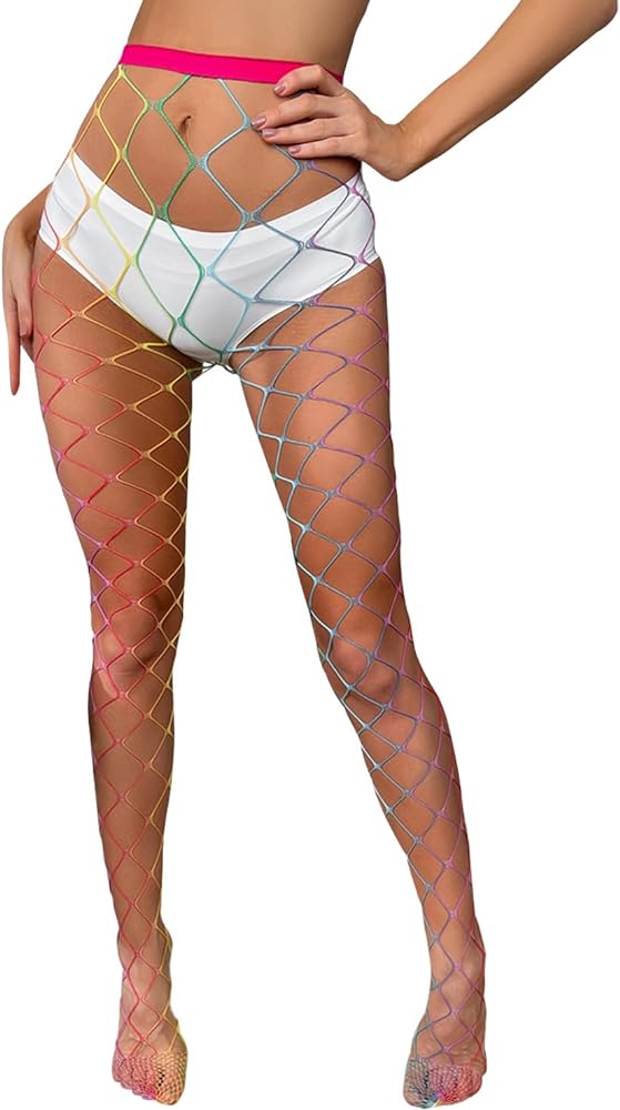 Womens Rainbow Fishnet Sheers Sexy High Waist Fishnet Tights Rainbow Rave Outfit Fishnet Hosiery Large Mesh Fishnet Stockings for Women Fishnets Leggings for Women Fish Net Stocking Pride outfits