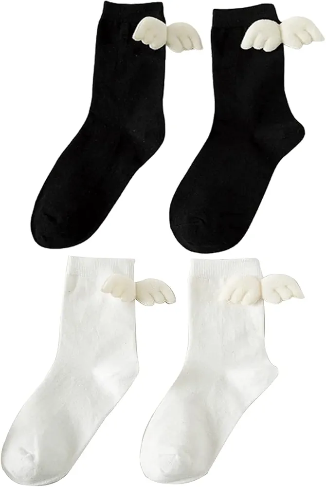 2 Pairs 3D Angel Wings Women Socks, Lovely Lolita Style Socks Sweet Angel Wings Crew Socks