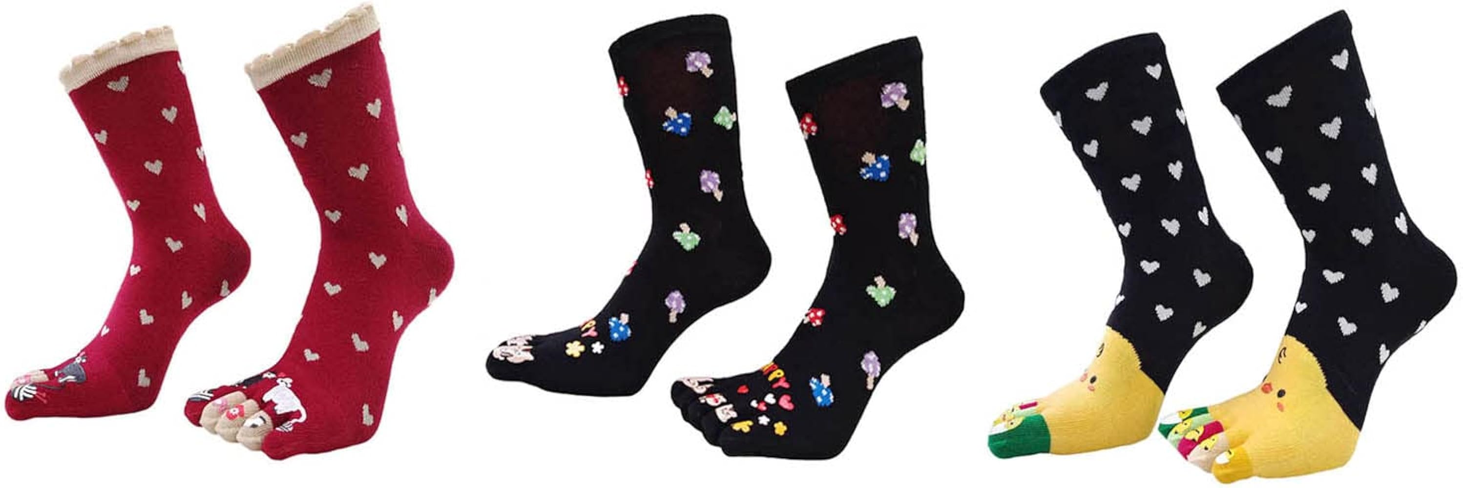 3 pairs of socks set Cute animal socks women's cotton five-finger socks, funny cartoon theme print sports toe socks