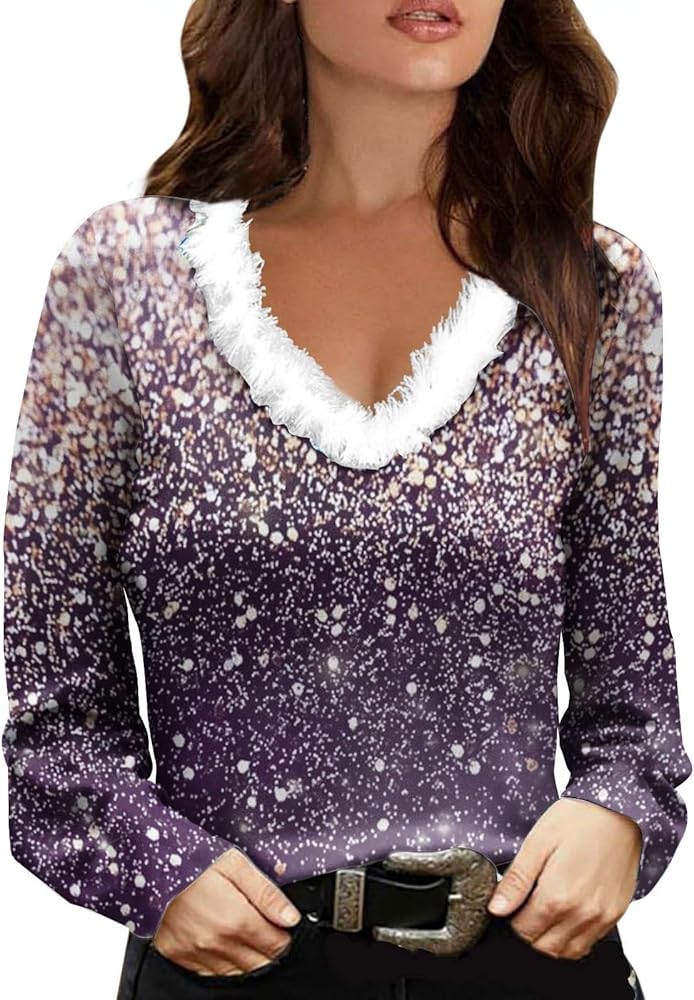 New Years Eve Tops for Women Shoulder Long Sleeve Collar Top Ladies Pullover White Business Blouse for Women Sparkly