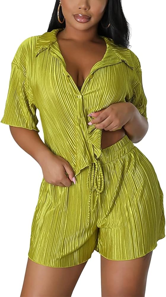 Ophestin Women Sexy V Neck Stripe Button Down Crop Top Shorts Set 2 Piece Outfits Rompers Jumpsuits