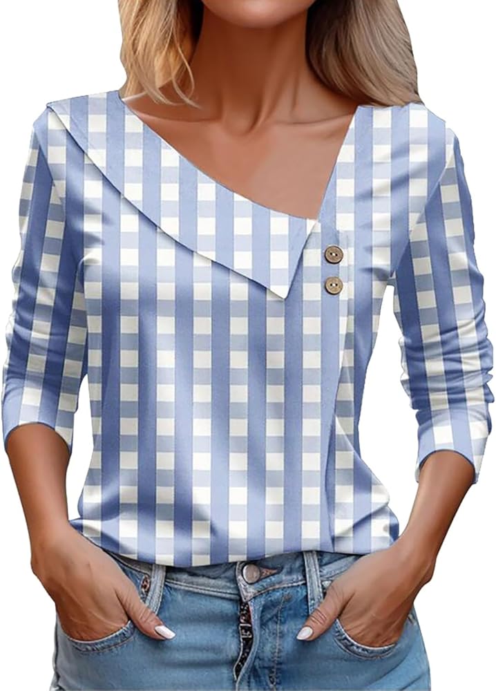 Women Irregular Spring/Summer Casual Temperament Long Sleeved V Neck Printed Top Gradient Color Elegant Shirts