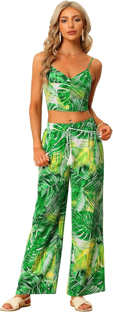 Allegra K Tropical Top and Pants Sets for Women's Two-Piece Beach Outfits