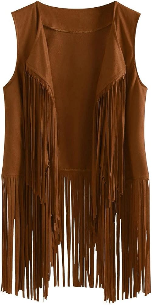 Fringe Vest Jacket for Women Faux Suede Open Front Retro Vest Vintage Sleeveless 70s Hippie Clothes Boho Western Jacket