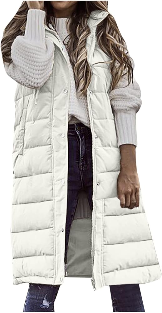 Women's Winter Fashion Quilted Lightweight Vest Jackets Sleeveless Warm Down Coat Hood Button Zipper Long Jacket