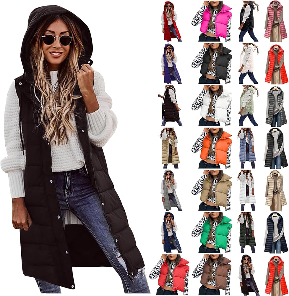 Puffer Jacket Womens,2023 Winter Oversized Sleeveless Long Coats Hooded Jacket Warm Stand-Up Collar Down Vest