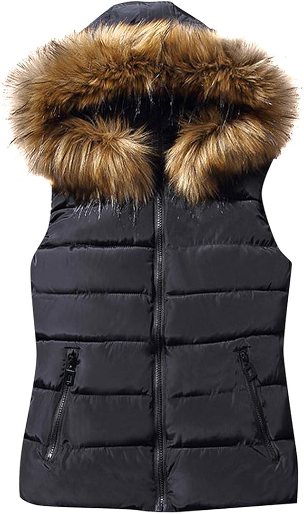 TYQQU Women’s Sleeveless Solid Color Fur Hood Vest Winter Zip Up Slim Fit Outerwear with Pockets