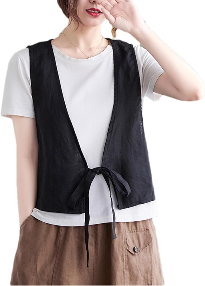 Women's Casual Cotton Linen Vest Vintage Sleeveless Open Front Kimono Cardigan V-Neck Blazer Waistcoat Tops