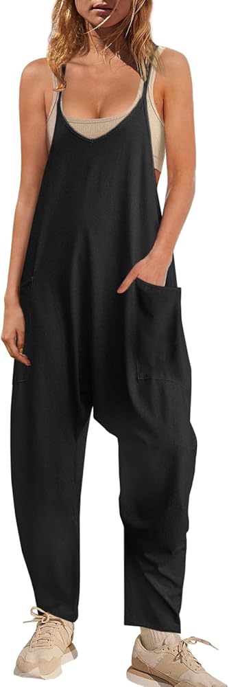 LAMISSCHE Womens Oversized Jumpsuits V Neck Sleeveless Harem Overalls Spaghetti Strap Onesie Romper With Pockets