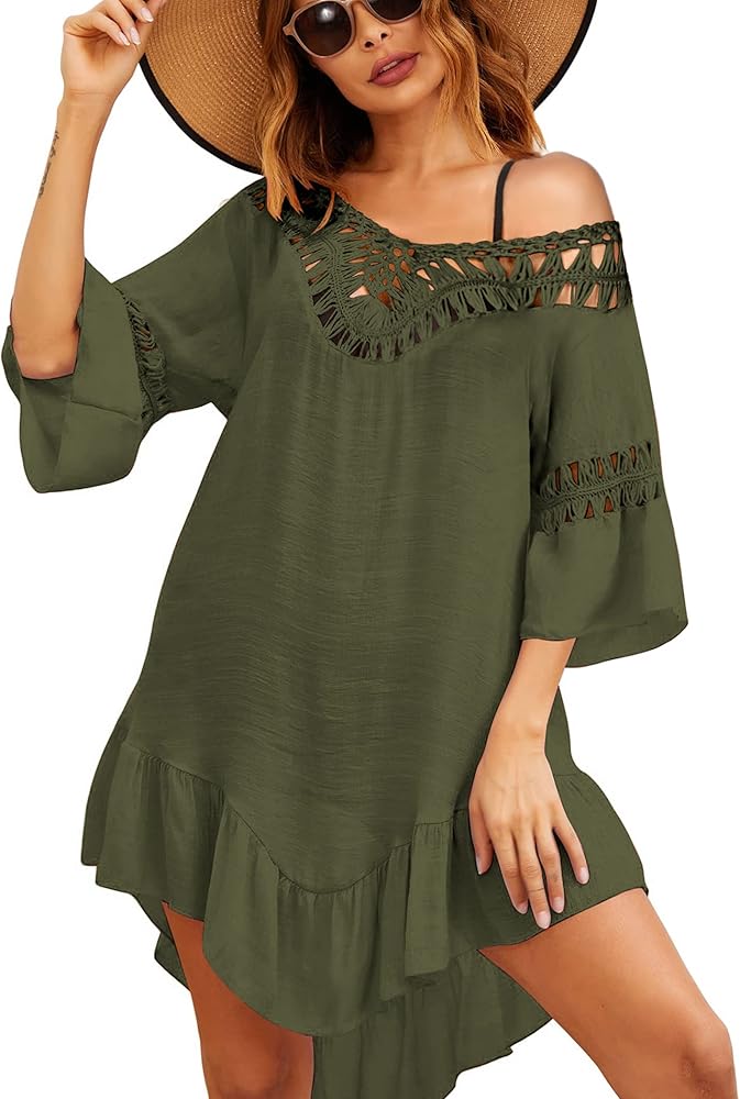 Ekouaer Beach Cover Up women Cute Ruffle Sleeves Swim Cover Up Dress Womens Bikini Cover Ups for Swimwear