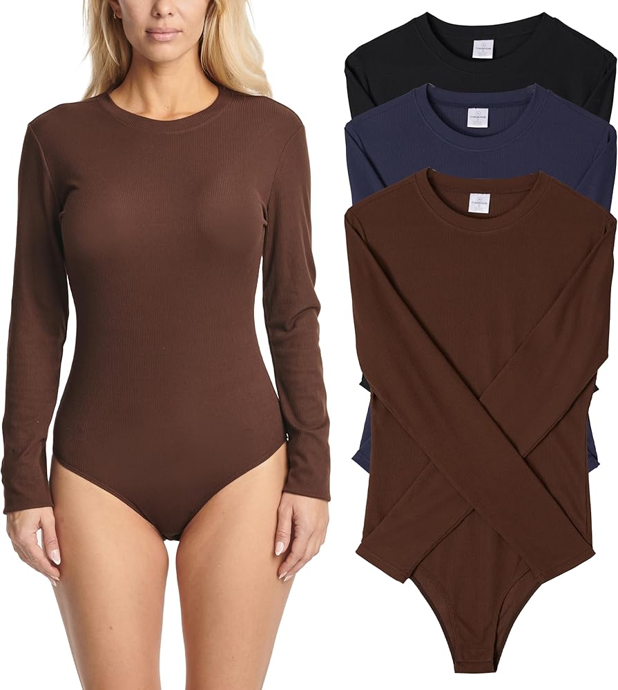 Real Essentials 3 Pack: Women's Round Neck Long Sleeve Ribbed Bodysuit Shirt Tops (Available in Plus Size)