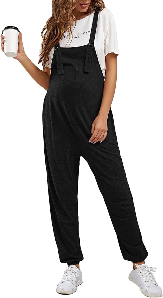 Verdusa Women's Maternity Sleeveless Bib Overall Jumpsuit Long Pants Black M