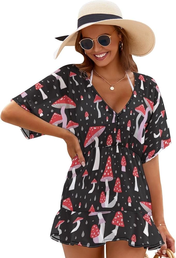 Women's Cover Up Short Sleeve Beachwear Coverups Loose V-Neck Bikini Beach Tunic Top