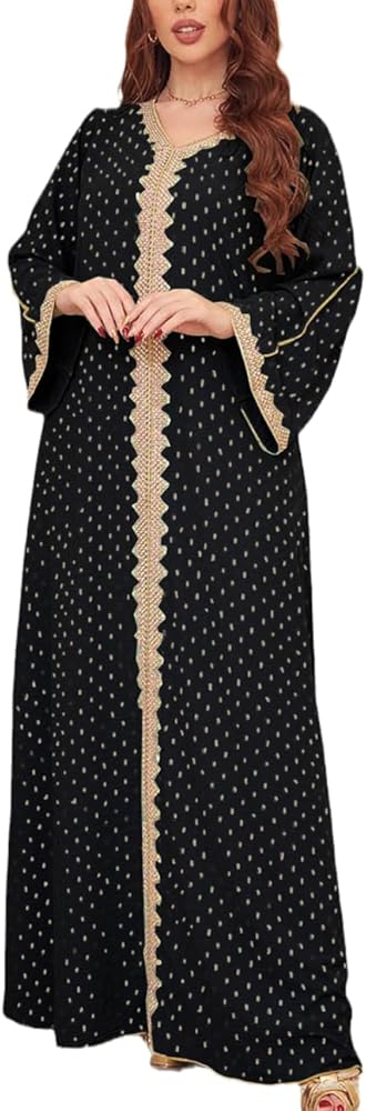 Womens Muslim Abaya Dress One-Piece V Neck Bronzing Dress Islamic Full Length Kaftan Daily Casual Dress