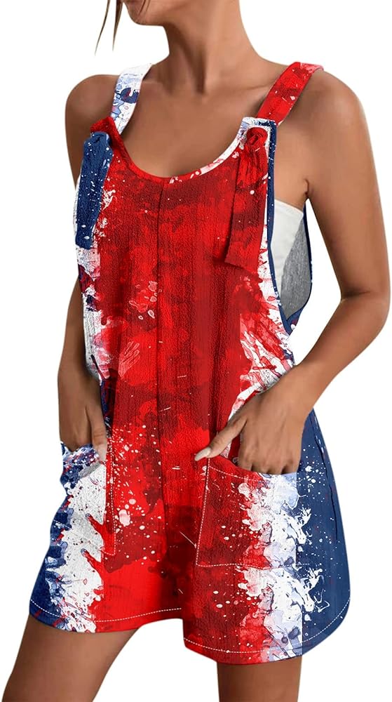 YUTANRAL 4th of July Rompers for Women 2024 Trendy Sleeveless American Flag Overalls Shorts Festival Outfits with Pockets