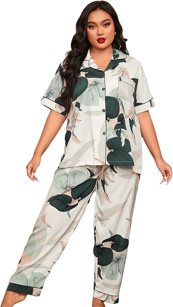 WDIRARA Women's Plus Size Sleepwear 2 Piece Pajama Set Floral Short Sleeve Lounge Sets