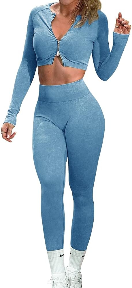 OLCHEE Women’s 2 Piece Seamless Acid Wash Workout Outfits High Waist Yoga Leggings with Long Sleeve Zipper Crop Top Gym Clothes Set - Blue Size L