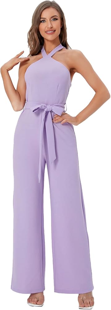 WDIRARA Women's Sleeveless Halter Tied Backless High Waist Belted Wide Leg Pants Elegant Jumpsuit Rompers