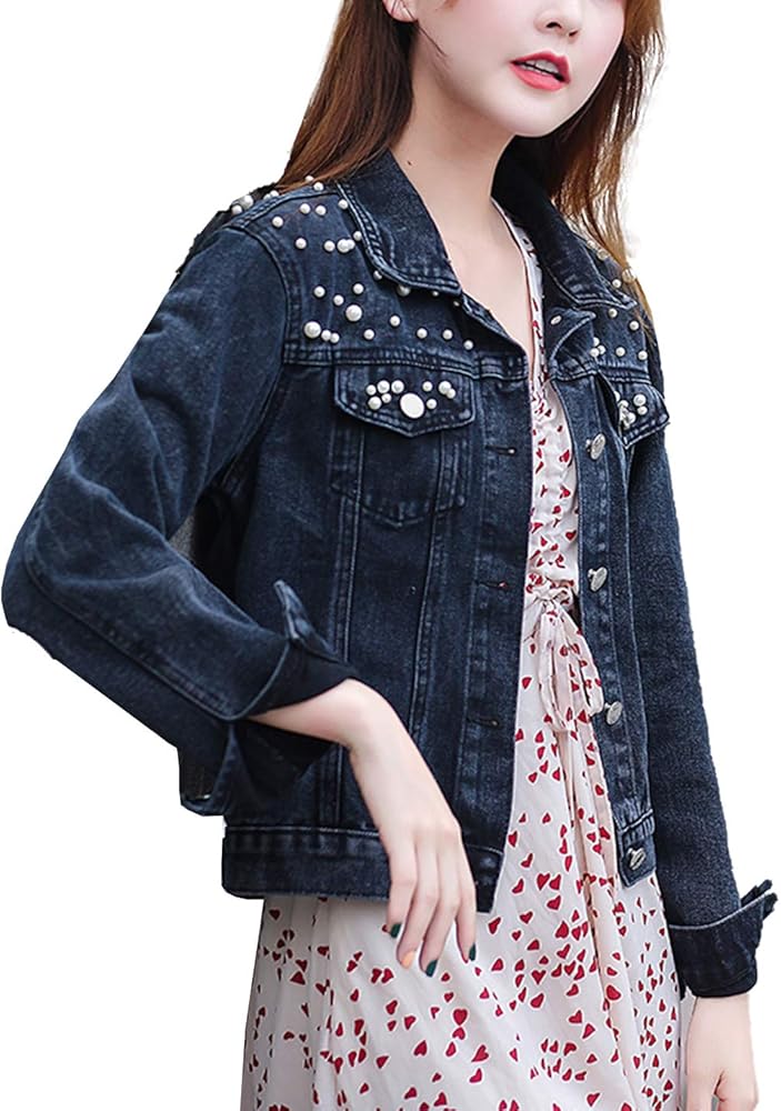 Flygo Women's Denim Trucker Jacket Distressed Beaded Pearls Button Down Jean Coat