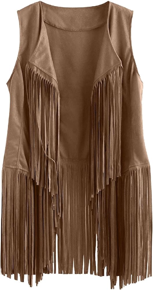 Anjikang Women's Tassel Sleeveless Vest Open Front Vintage 70s Hippie Faux Suede Fringe Jacket Cardigan Flowy Punk Gilet Coat