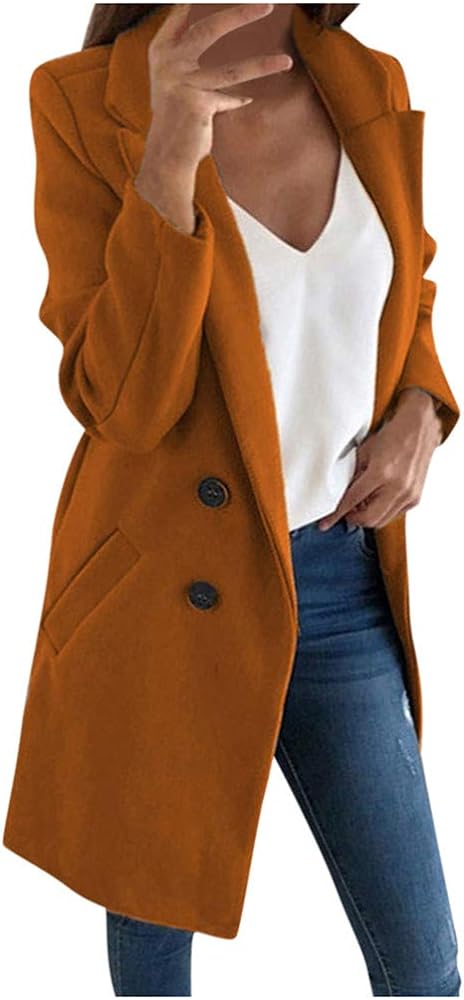 Women's Wool Blend Trench Coats Mid Long Warm Wool Pea Coats Fashion Dressy Casual Office Winter Jackets with Pockets