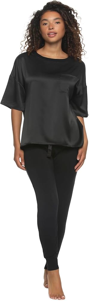 Felina Elysees Rich Satin Tee and Knit Jogger Set Pajama Set