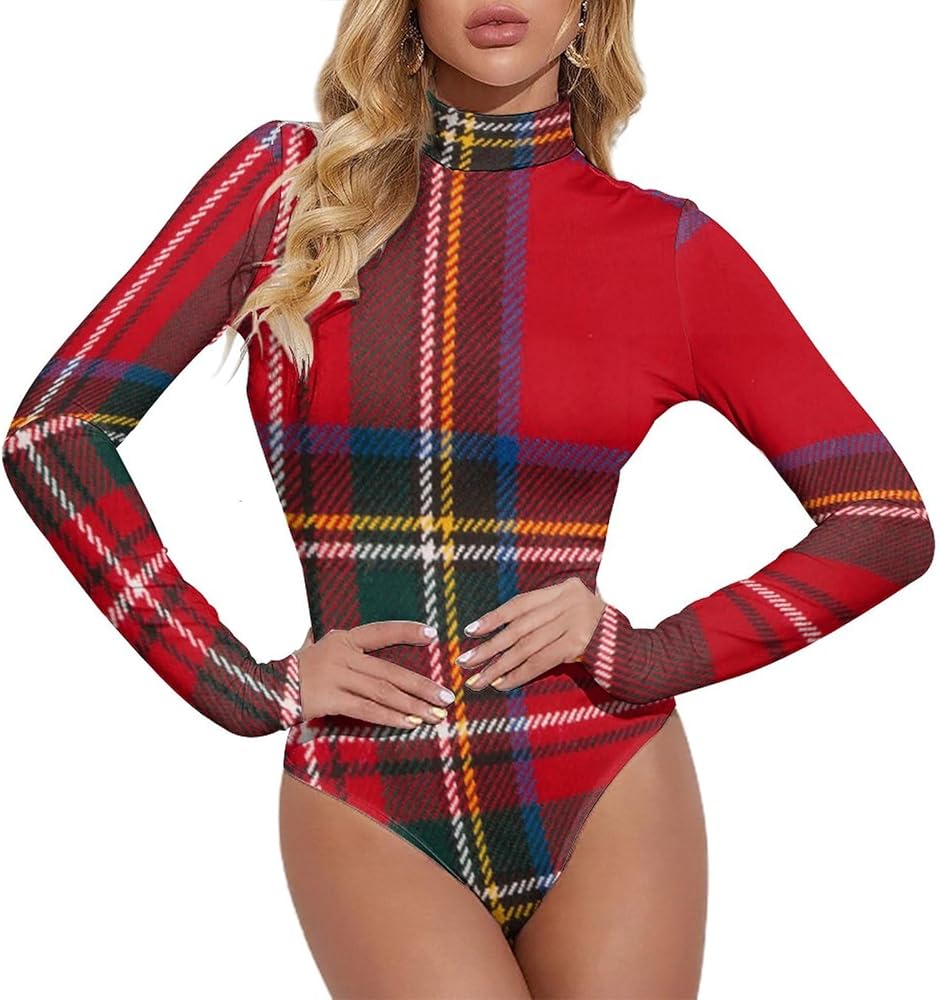 Red Tartan Design Women's Sexy Bodysuit Long Sleeve Tops Mock Turtle Neck T Shirts 1-Piece