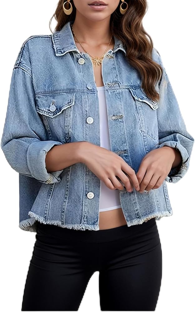 Cropped Jean Jacket for Women Basic Long Sleeve Frayed Hem Washed Button Up Denim Jean Coat