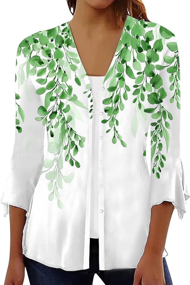 Women's Floral Print Bell 3/4 Sleeve Cardigan Lightweight Open Front Button Down Cover Up Casual Blouse Tops