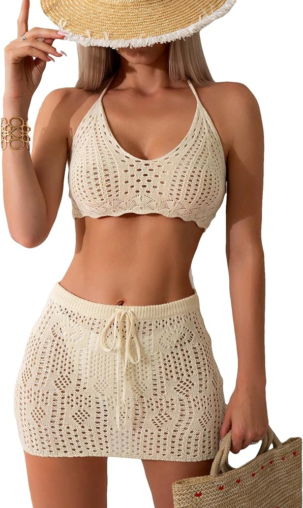 Verdusa Women's Hollow Out Crochet Halter Top and Skirt Cover Up Sets