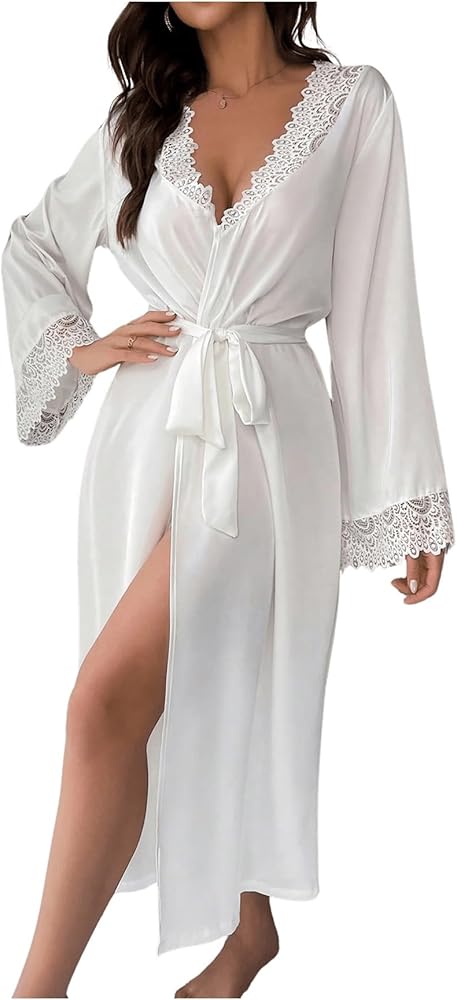 GORGLITTER Women's Guipure Lace Trim Belted Sleep Robe V Neck Long Sleeve Satin Nightgown