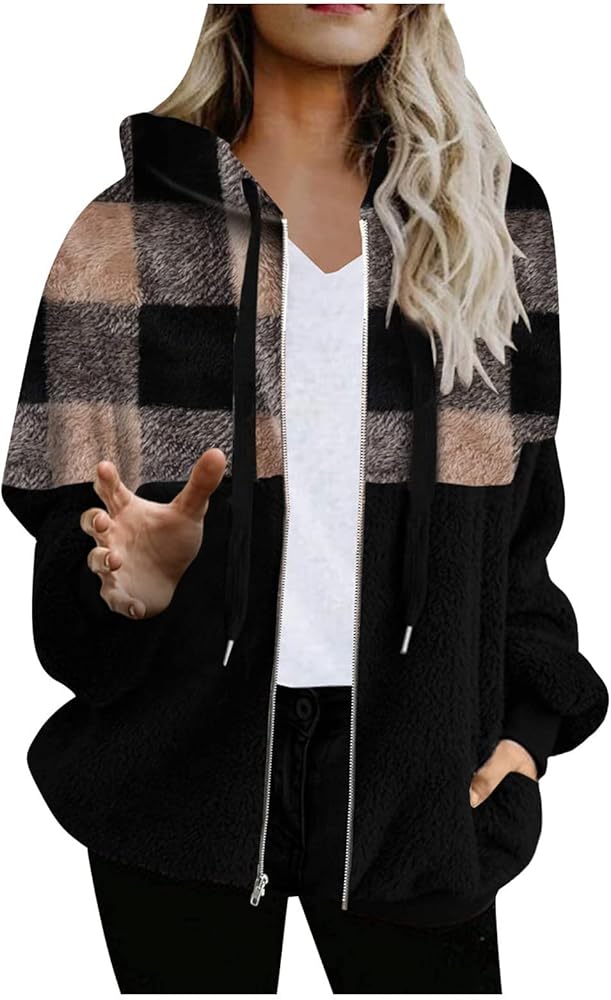 Winter Coats for Women Casual Warm Fleece Jacket Sherpa Plaid Jacket Stylish Hooded Plaid Color Block Sweatshirt