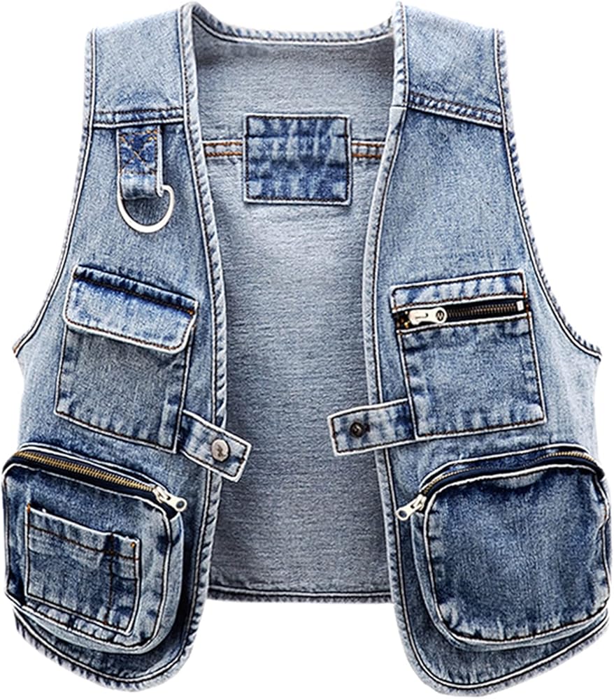 SANGTREE Women's Multi-pocket Short Cargo Denim Vest