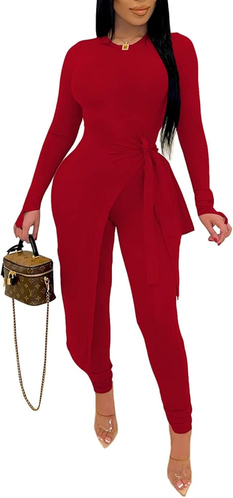 Women's Two Piece Outfits Long Sleeve Asymmetrical Shirt Tops and Pants Set Workout Jogging Suits