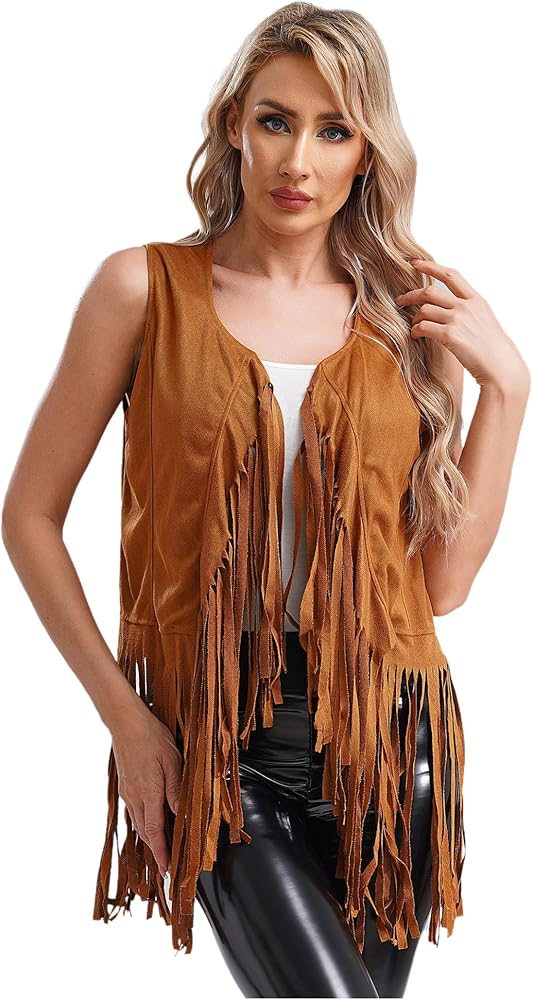 Womens Fringe Vest Jacket Vintage Clothes Open Front Sleeveless Tassel Waistcoat Cardigan