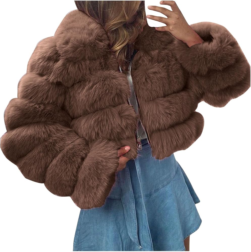 PVCS Faux Fur Crop Jacket for Women Winter Fleece Solid Color Crop Jacket Full Zip up Crop Coats Fluzzy Stand Collar Fur Coat